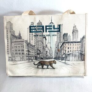 Effy Tote Bag Linen/Canvas Blend Embroidered Logo NY Skyline Large Lined